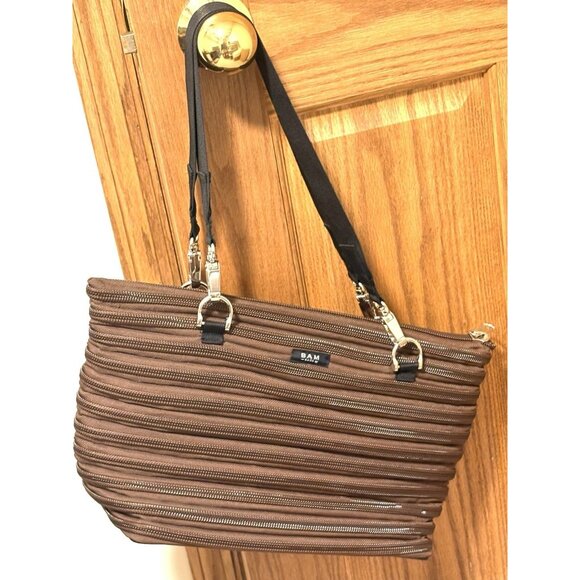 Bam Bags Unisex Nylon Zippered Purse Crossbody Tote Bag Brown - Picture 1 of 10